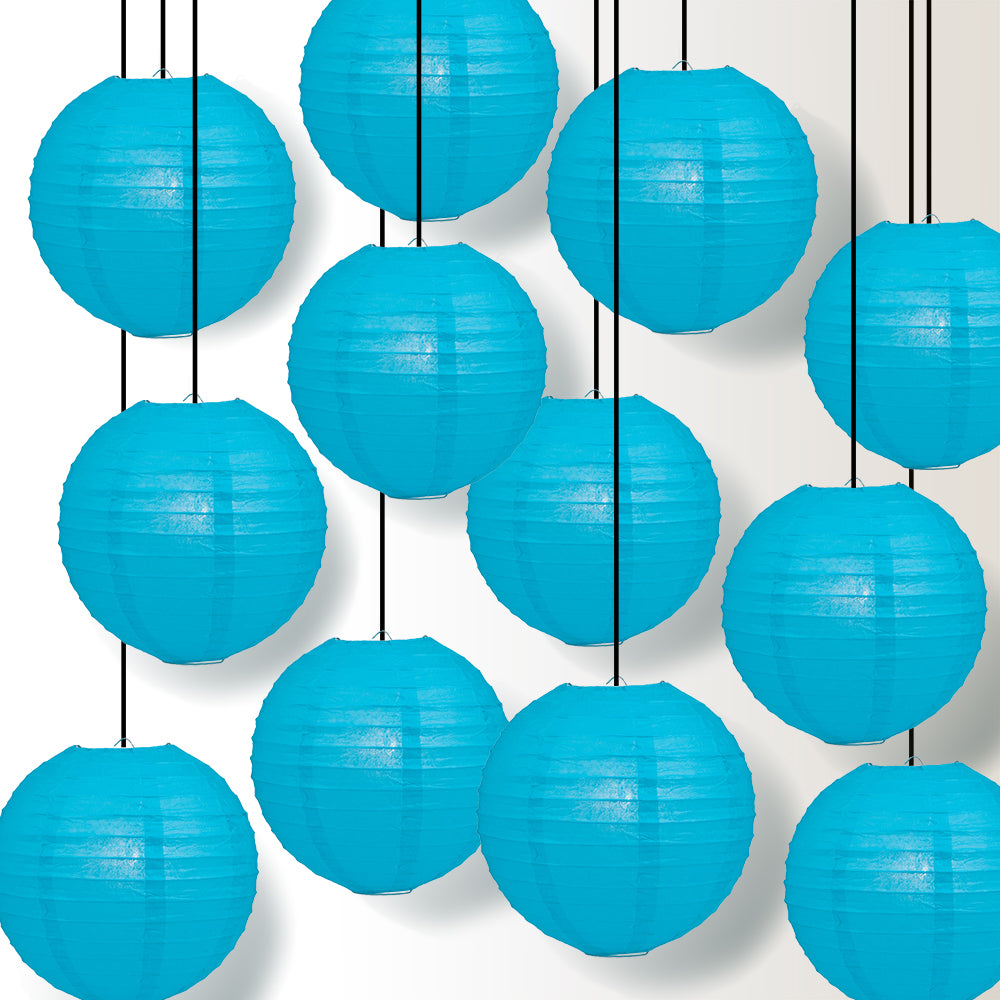 12 PACK | 12&quot; Turquoise Blue Even Ribbing Round Paper Lantern, Hanging Combo Set - PaperLanternStore.com - Paper Lanterns, Decor, Party Lights &amp; More