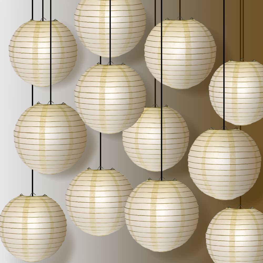 12 PACK | 12&quot; Beige Even Ribbing Round Paper Lantern, Hanging Combo Set - PaperLanternStore.com - Paper Lanterns, Decor, Party Lights &amp; More