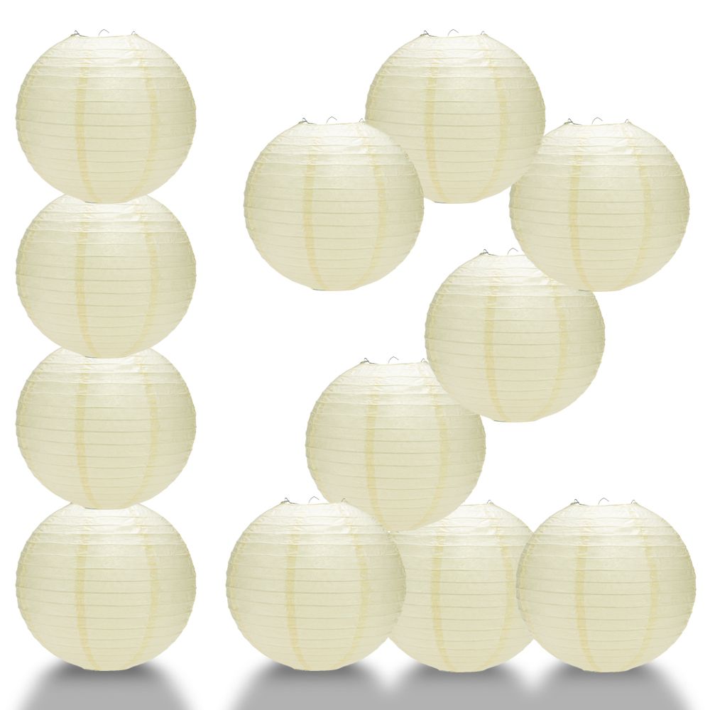 12 PACK | 12" Beige Even Ribbing Round Paper Lantern, Hanging Combo Set - PaperLanternStore.com - Paper Lanterns, Decor, Party Lights & More