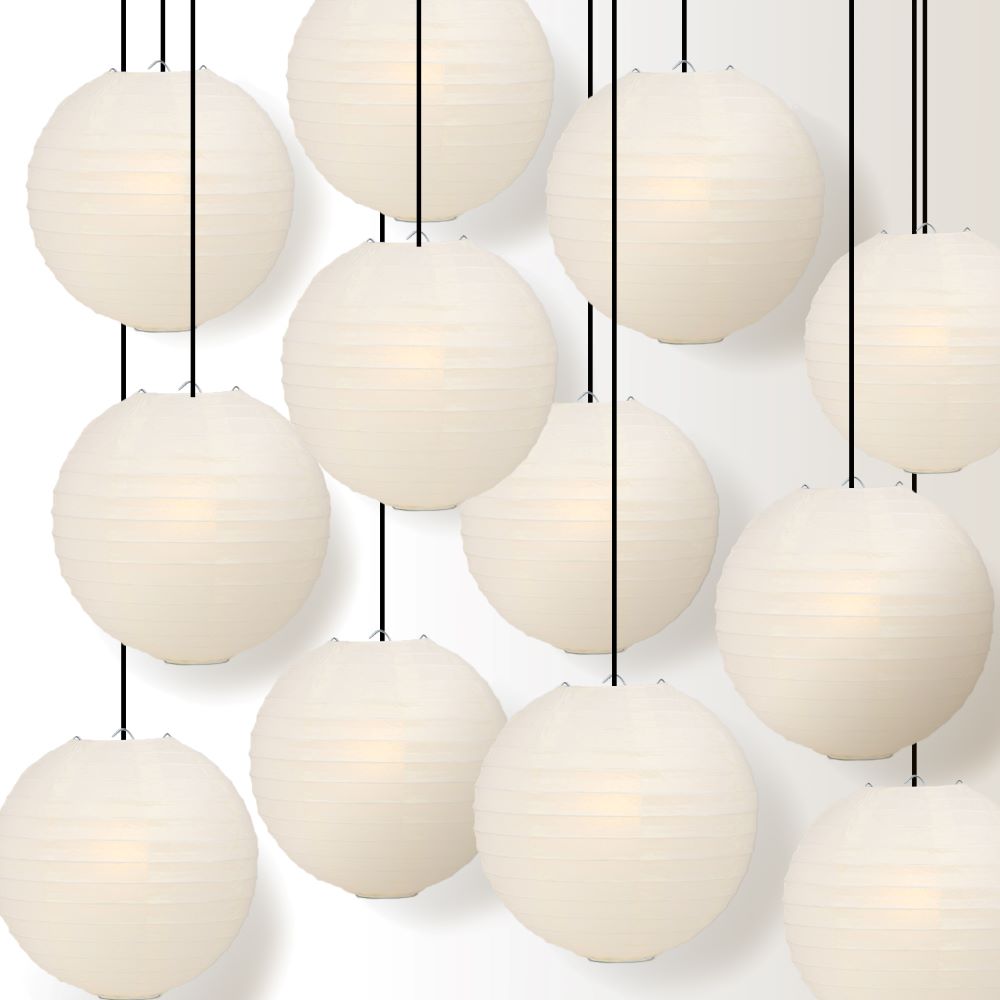 12 PACK | 12&quot; Beige Even Ribbing Round Paper Lantern, Hanging Combo Set - PaperLanternStore.com - Paper Lanterns, Decor, Party Lights &amp; More