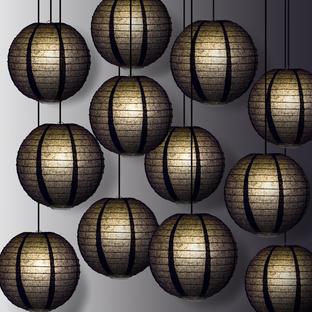 12 PACK | 12&quot; Black Even Ribbing Round Paper Lantern, Hanging Combo Set - PaperLanternStore.com - Paper Lanterns, Decor, Party Lights &amp; More