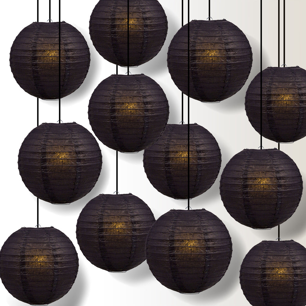 12 PACK | 12&quot; Black Even Ribbing Round Paper Lantern, Hanging Combo Set - PaperLanternStore.com - Paper Lanterns, Decor, Party Lights &amp; More