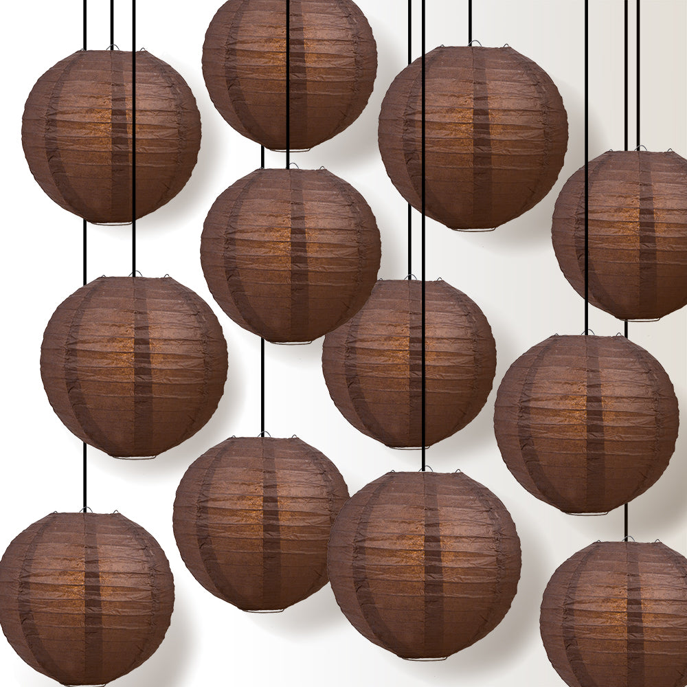 12 PACK | 12&quot; Brown Even Ribbing Round Paper Lantern, Hanging Combo Set - PaperLanternStore.com - Paper Lanterns, Decor, Party Lights &amp; More