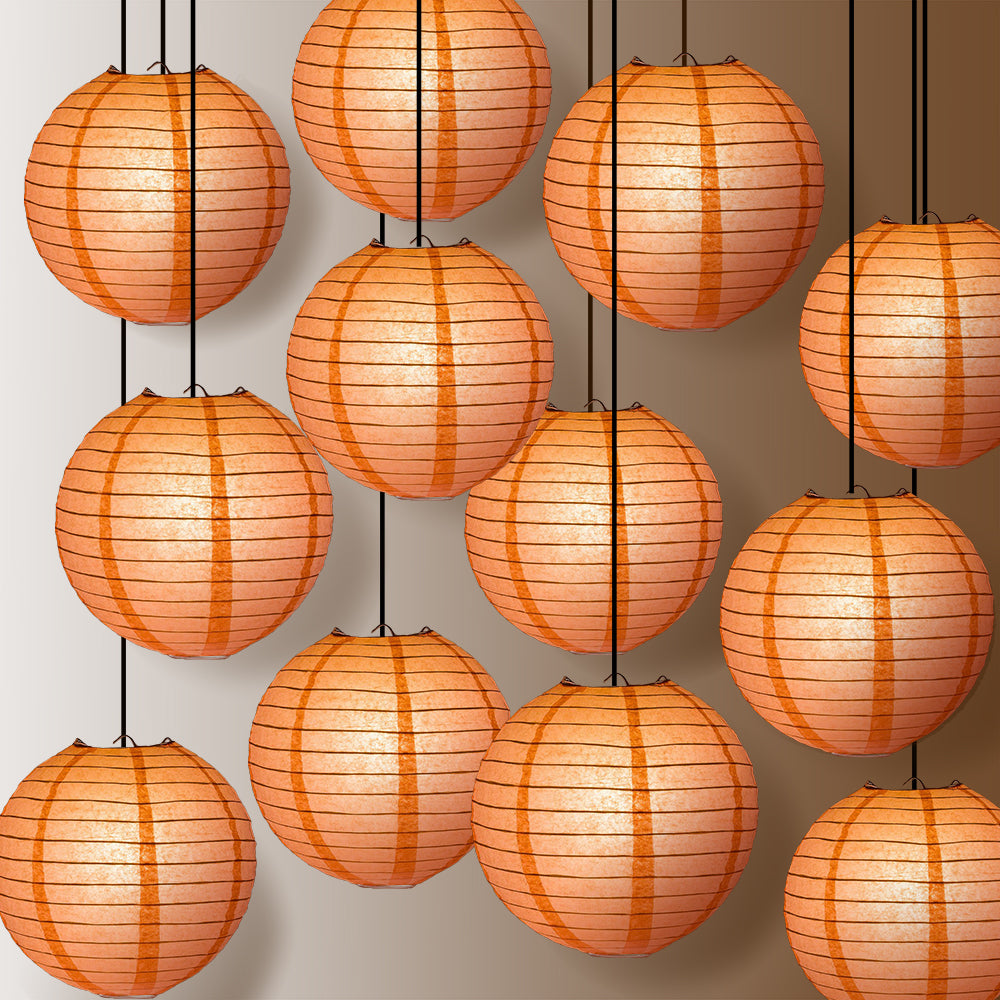 12 PACK | 12" Roseate / Pink Coral Even Ribbing Round Paper Lantern, Hanging Combo Set - PaperLanternStore.com - Paper Lanterns, Decor, Party Lights & More