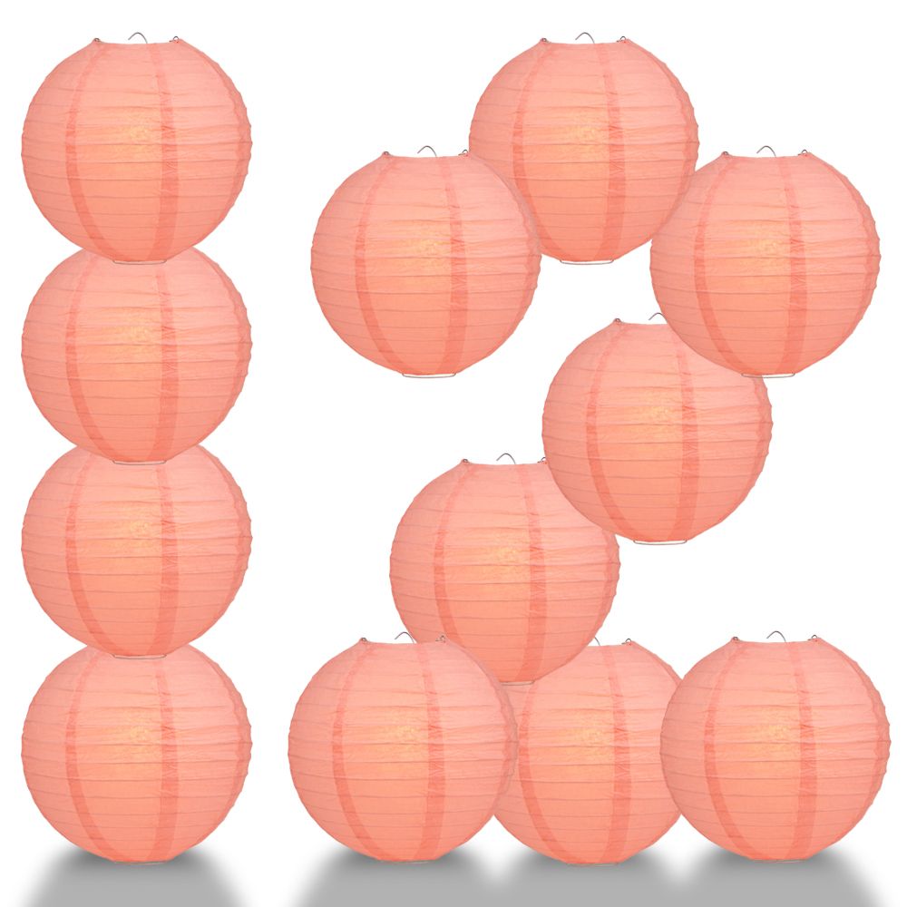 12 PACK | 12" Roseate / Pink Coral Even Ribbing Round Paper Lantern, Hanging Combo Set - PaperLanternStore.com - Paper Lanterns, Decor, Party Lights & More