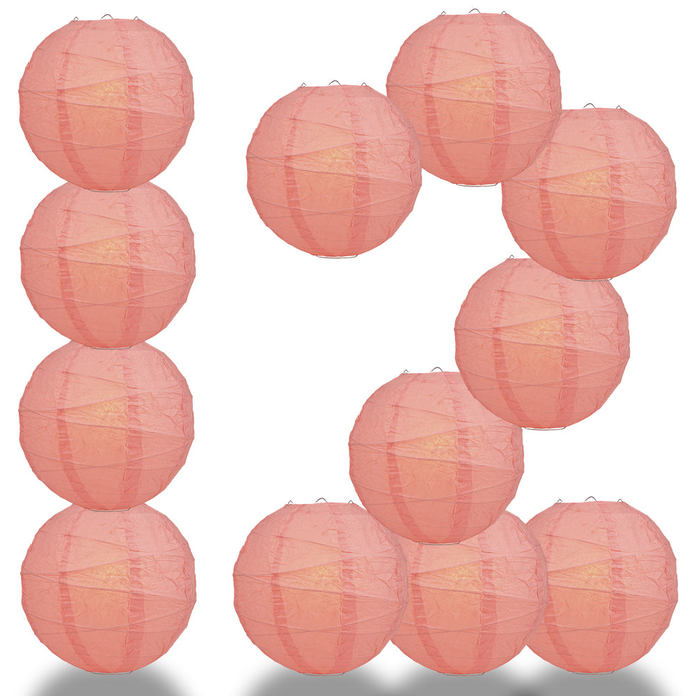 12 PACK | 12"  Roseate / Pink Coral Crisscross Ribbing, Hanging Paper Lantern Combo Set - PaperLanternStore.com - Paper Lanterns, Decor, Party Lights & More