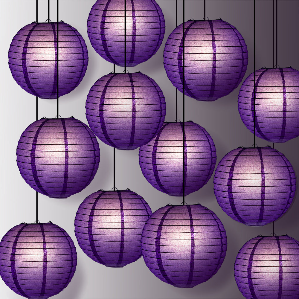 12 PACK | 12&quot; Dark Purple Even Ribbing Round Paper Lantern, Hanging Combo Set - PaperLanternStore.com - Paper Lanterns, Decor, Party Lights &amp; More