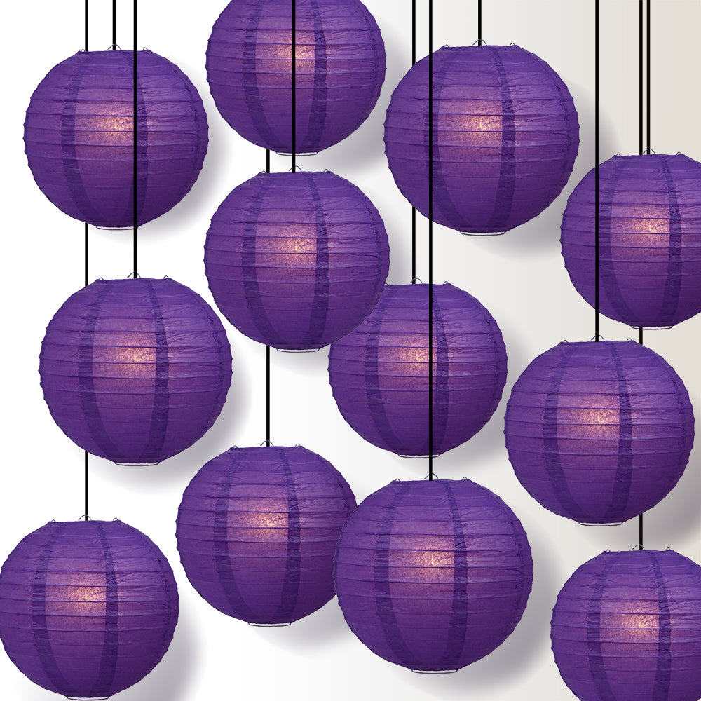 12 PACK | 12&quot; Dark Purple Even Ribbing Round Paper Lantern, Hanging Combo Set - PaperLanternStore.com - Paper Lanterns, Decor, Party Lights &amp; More