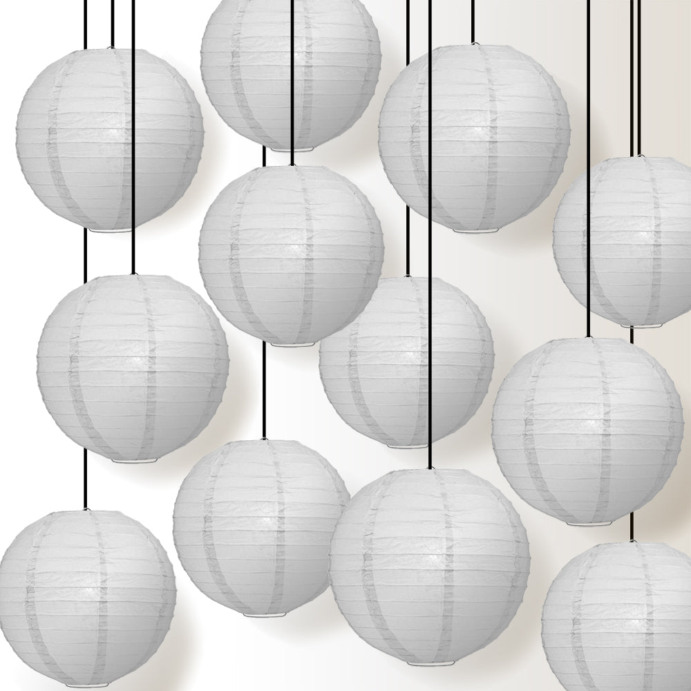 12 PACK | 12&quot; Grey Even Ribbing Round Paper Lantern, Hanging Combo Set - PaperLanternStore.com - Paper Lanterns, Decor, Party Lights &amp; More