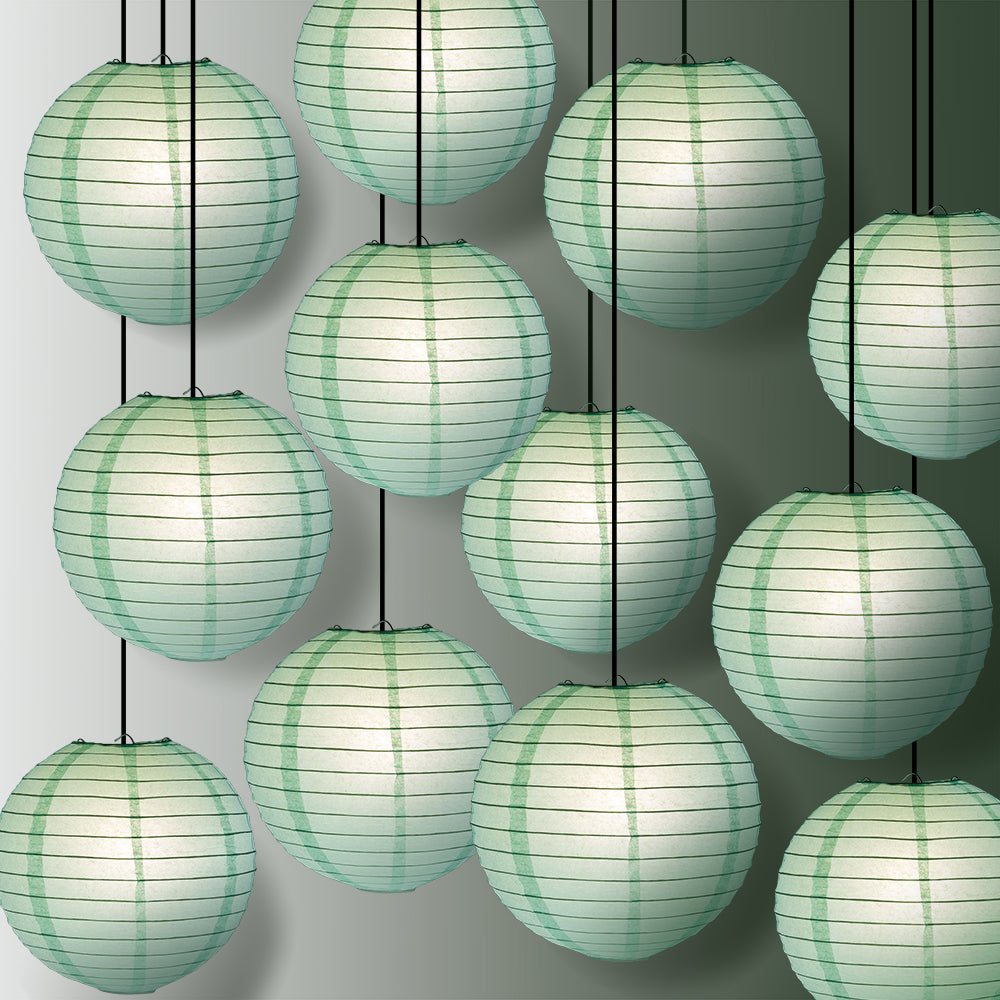 12 PACK | 12&quot; Cool Mint Green Even Ribbing Round Paper Lantern, Hanging Combo Set - PaperLanternStore.com - Paper Lanterns, Decor, Party Lights &amp; More