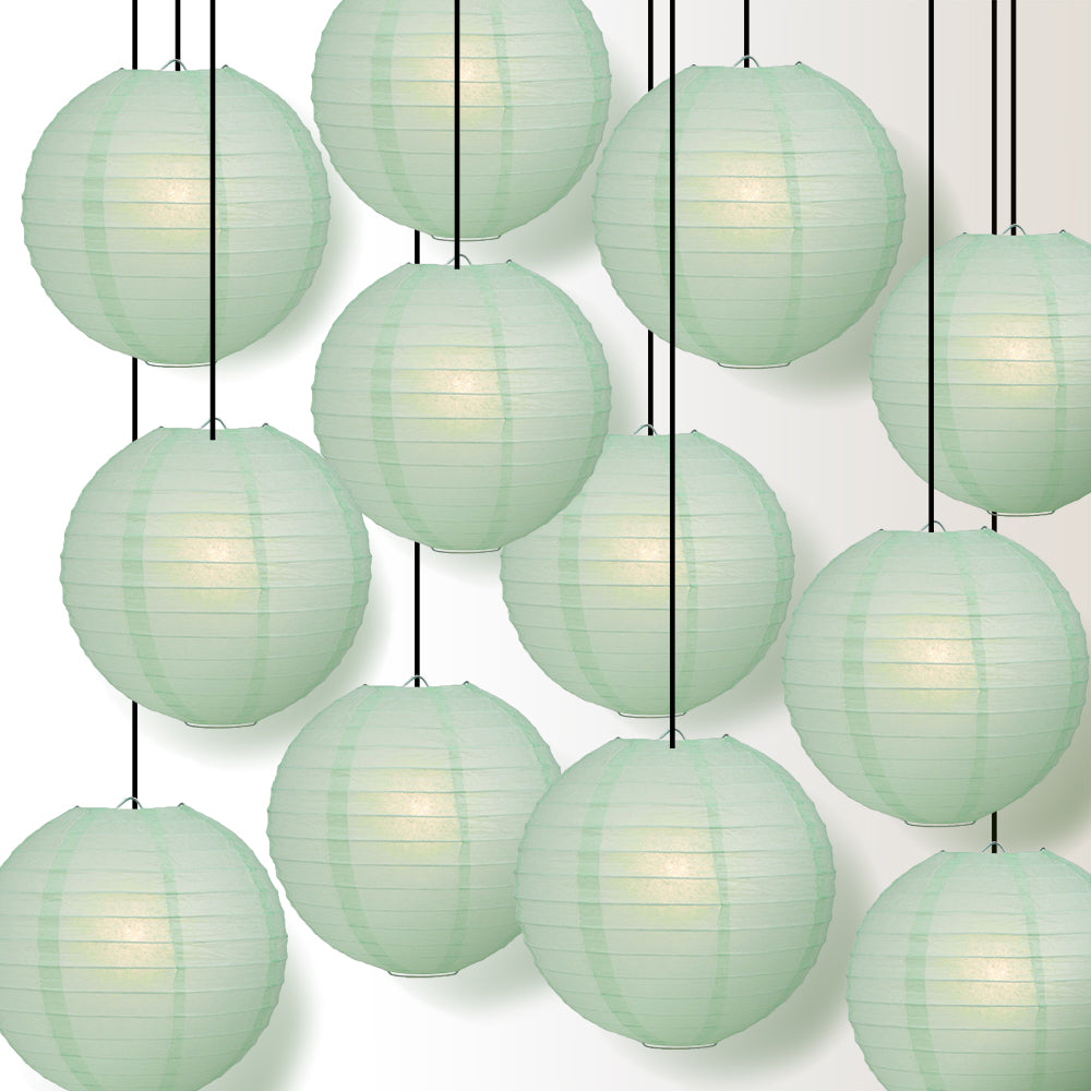 12 PACK | 12&quot; Cool Mint Green Even Ribbing Round Paper Lantern, Hanging Combo Set - PaperLanternStore.com - Paper Lanterns, Decor, Party Lights &amp; More