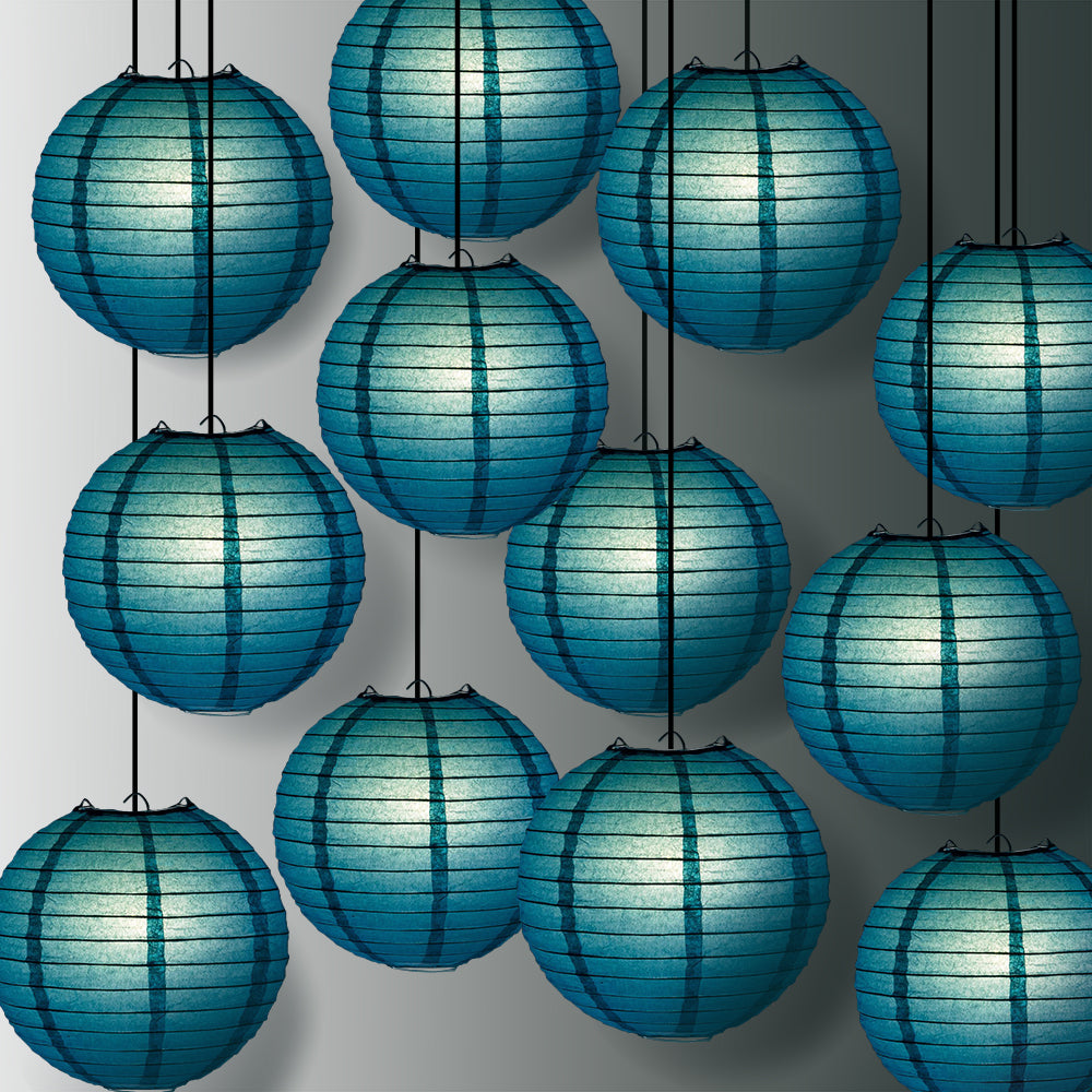 12 PACK | 12" Tahiti Teal Even Ribbing Round Paper Lantern, Hanging Combo Set - PaperLanternStore.com - Paper Lanterns, Decor, Party Lights & More