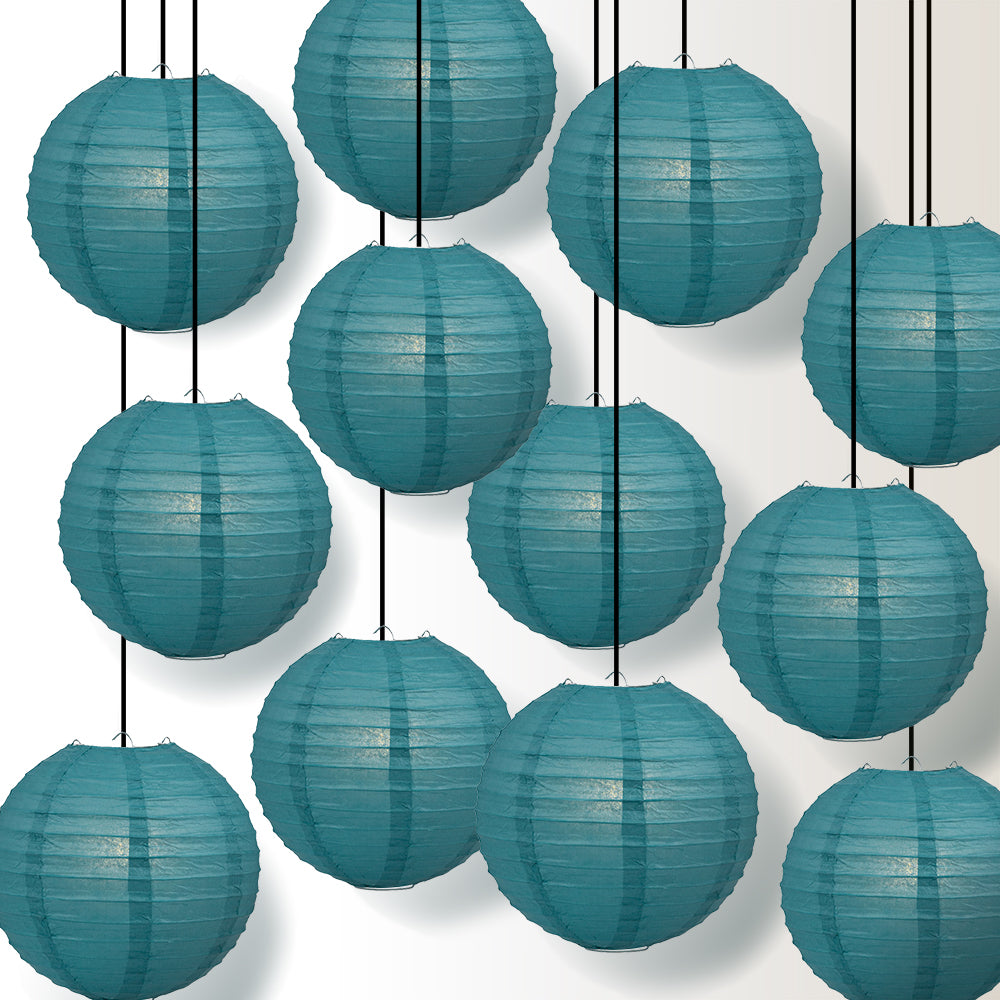 12 PACK | 12&quot; Tahiti Teal Even Ribbing Round Paper Lantern, Hanging Combo Set - PaperLanternStore.com - Paper Lanterns, Decor, Party Lights &amp; More