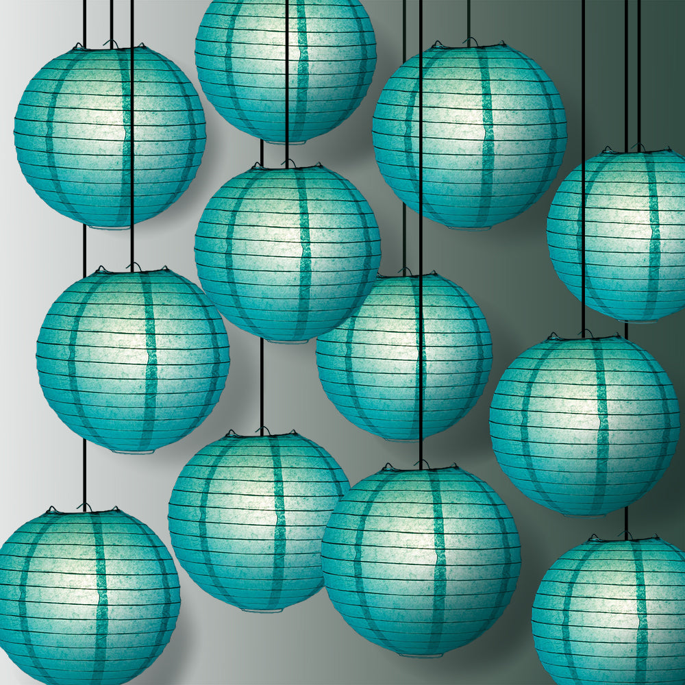 12 PACK | 12&quot; Teal Green Even Ribbing Round Paper Lantern, Hanging Combo Set - PaperLanternStore.com - Paper Lanterns, Decor, Party Lights &amp; More