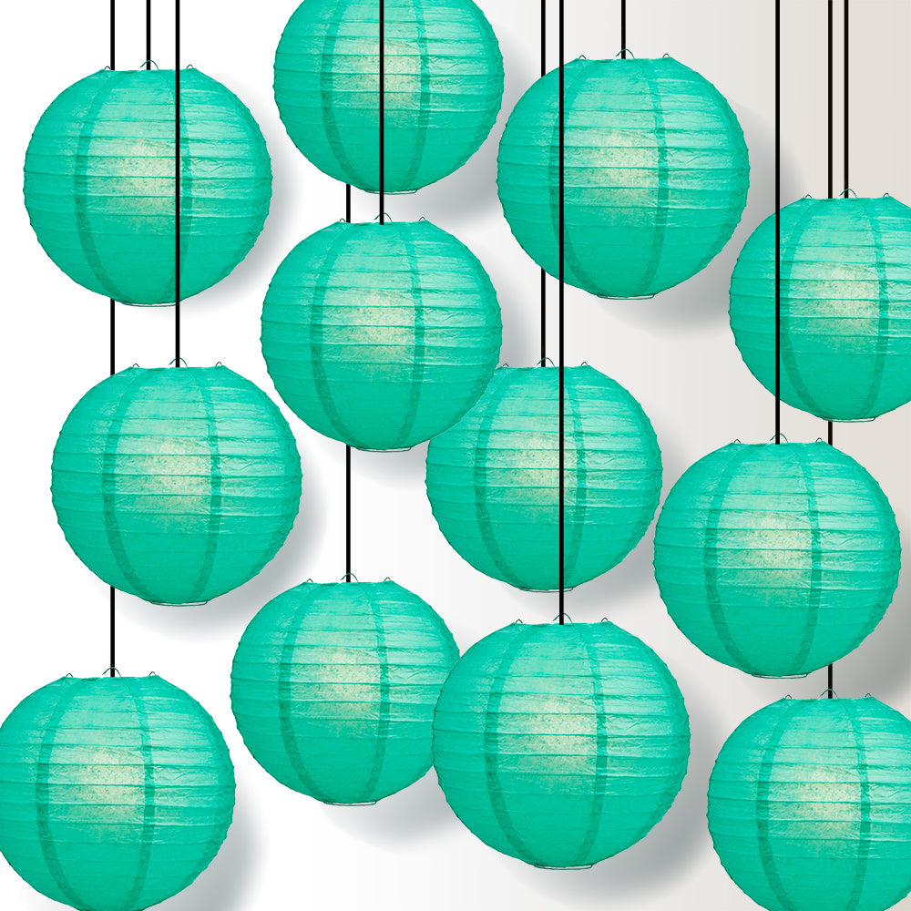 12 PACK | 12&quot; Teal Green Even Ribbing Round Paper Lantern, Hanging Combo Set - PaperLanternStore.com - Paper Lanterns, Decor, Party Lights &amp; More