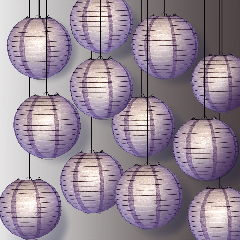 12 PACK | 12&quot; Violet Even Ribbing Round Paper Lantern, Hanging Combo Set - PaperLanternStore.com - Paper Lanterns, Decor, Party Lights &amp; More