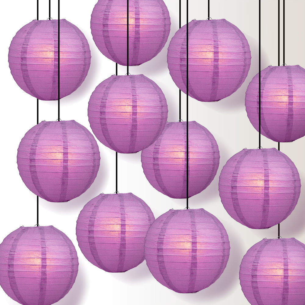 12 PACK | 12&quot; Violet Even Ribbing Round Paper Lantern, Hanging Combo Set - PaperLanternStore.com - Paper Lanterns, Decor, Party Lights &amp; More
