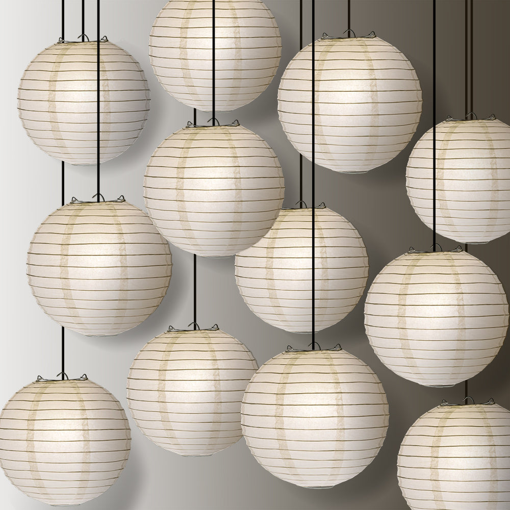 12 PACK | 12&quot; White Even Ribbing Round Paper Lantern, Hanging Combo Set - PaperLanternStore.com - Paper Lanterns, Decor, Party Lights &amp; More