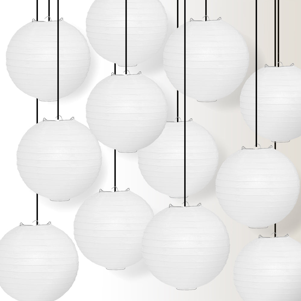 12 PACK | 12&quot; White Even Ribbing Round Paper Lantern, Hanging Combo Set - PaperLanternStore.com - Paper Lanterns, Decor, Party Lights &amp; More