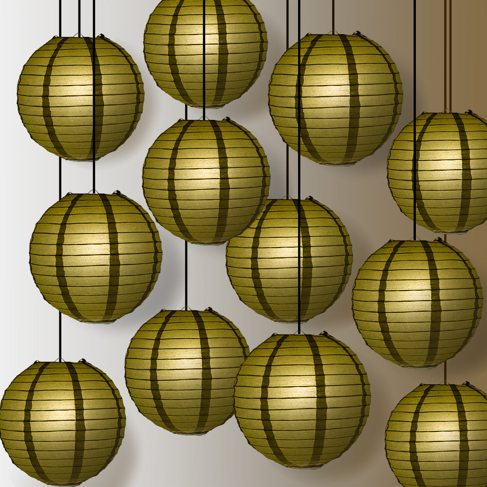 12 PACK | 12&quot; Gold Even Ribbing Round Paper Lantern, Hanging Combo Set - PaperLanternStore.com - Paper Lanterns, Decor, Party Lights &amp; More