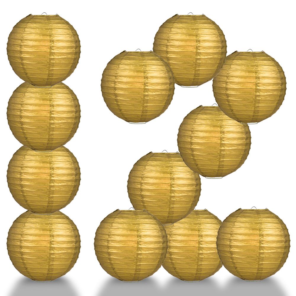 12 PACK | 12&quot; Gold Even Ribbing Round Paper Lantern, Hanging Combo Set - PaperLanternStore.com - Paper Lanterns, Decor, Party Lights &amp; More