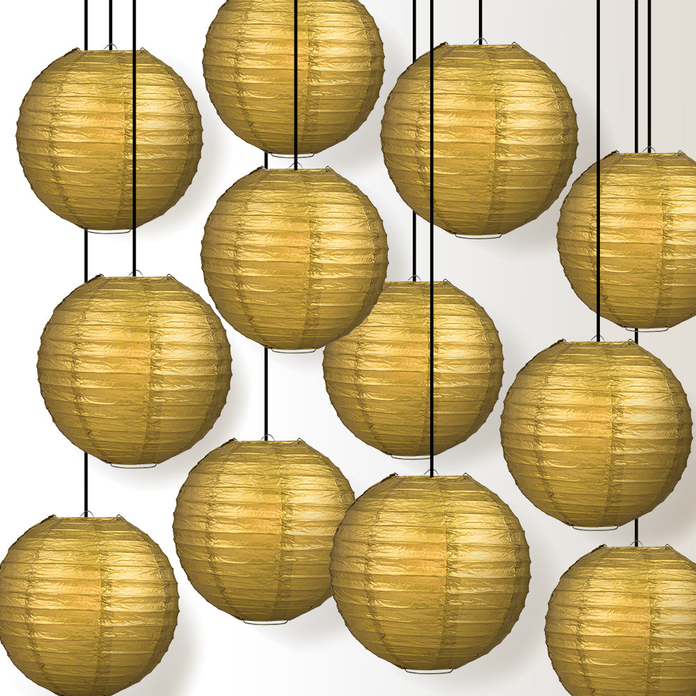 12 PACK | 12&quot; Gold Even Ribbing Round Paper Lantern, Hanging Combo Set - PaperLanternStore.com - Paper Lanterns, Decor, Party Lights &amp; More