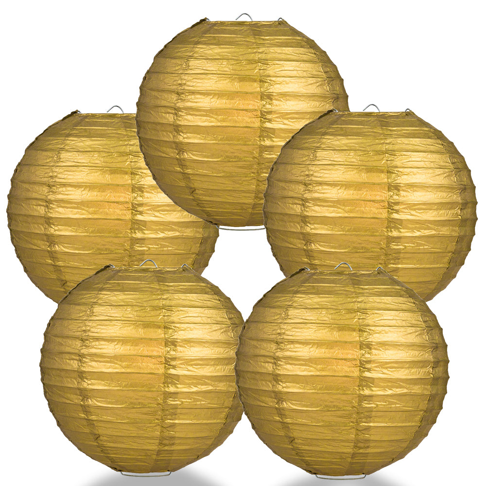 5 PACK | 12&quot; Gold Even Ribbing Round Paper Lanterns - PaperLanternStore.com - Paper Lanterns, Decor, Party Lights &amp; More