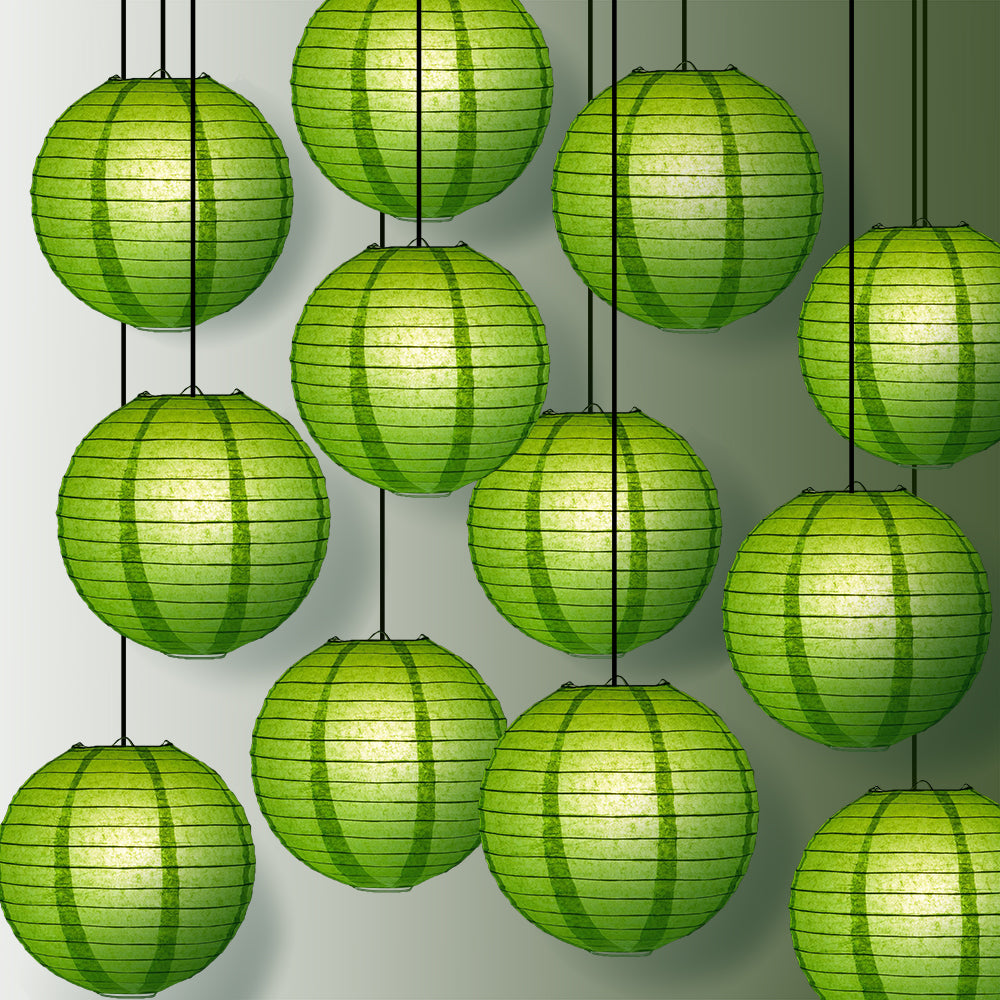 12 PACK | 12&quot; Grass Green Even Ribbing Round Paper Lantern, Hanging Combo Set - PaperLanternStore.com - Paper Lanterns, Decor, Party Lights &amp; More