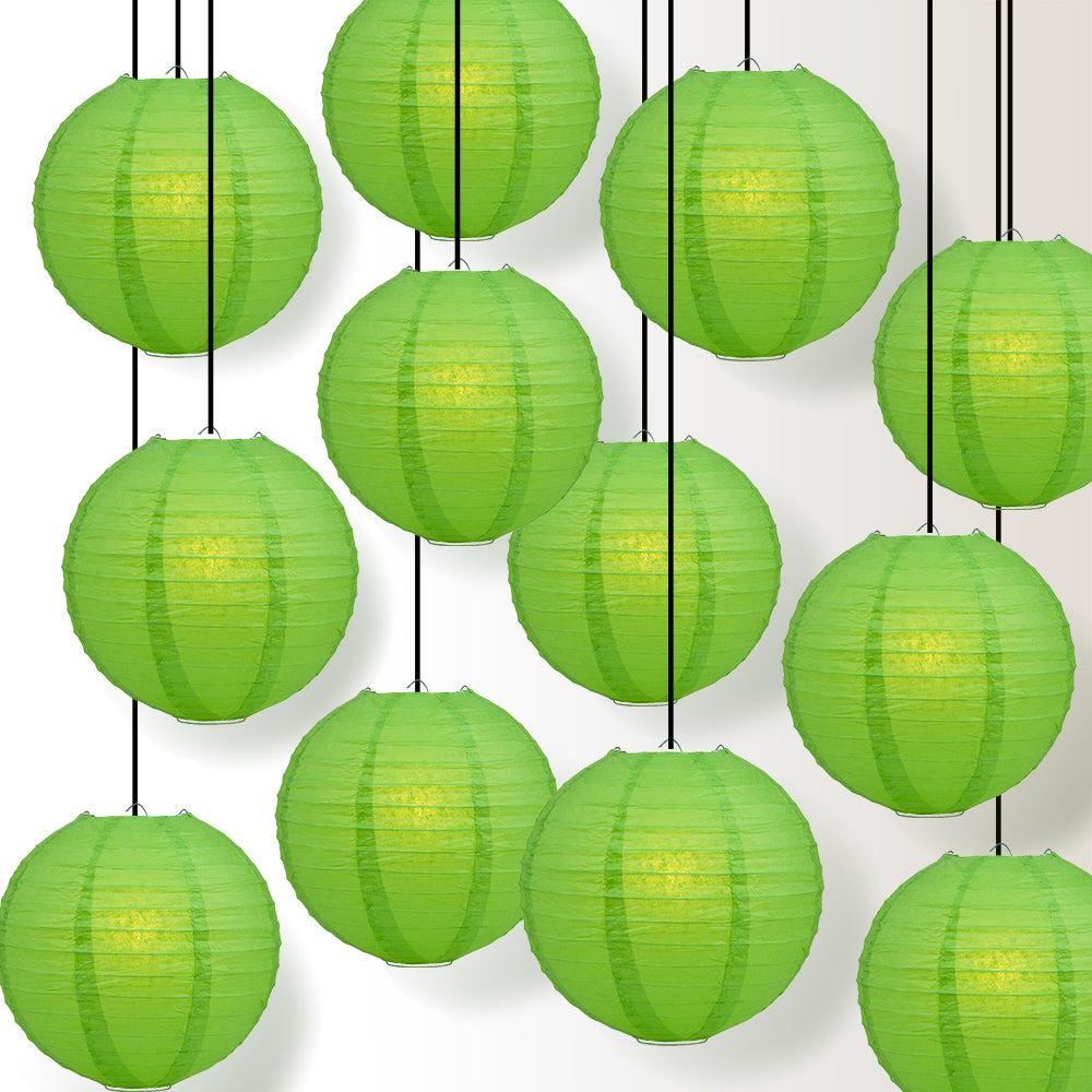 12 PACK | 12&quot; Grass Green Even Ribbing Round Paper Lantern, Hanging Combo Set - PaperLanternStore.com - Paper Lanterns, Decor, Party Lights &amp; More