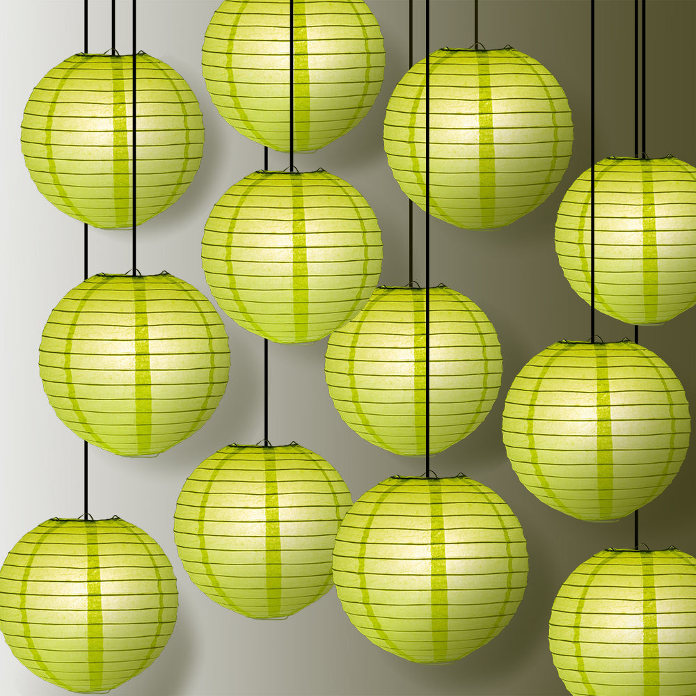 12 PACK | 12" Light Lime Even Ribbing Round Paper Lantern, Hanging Combo Set - PaperLanternStore.com - Paper Lanterns, Decor, Party Lights & More