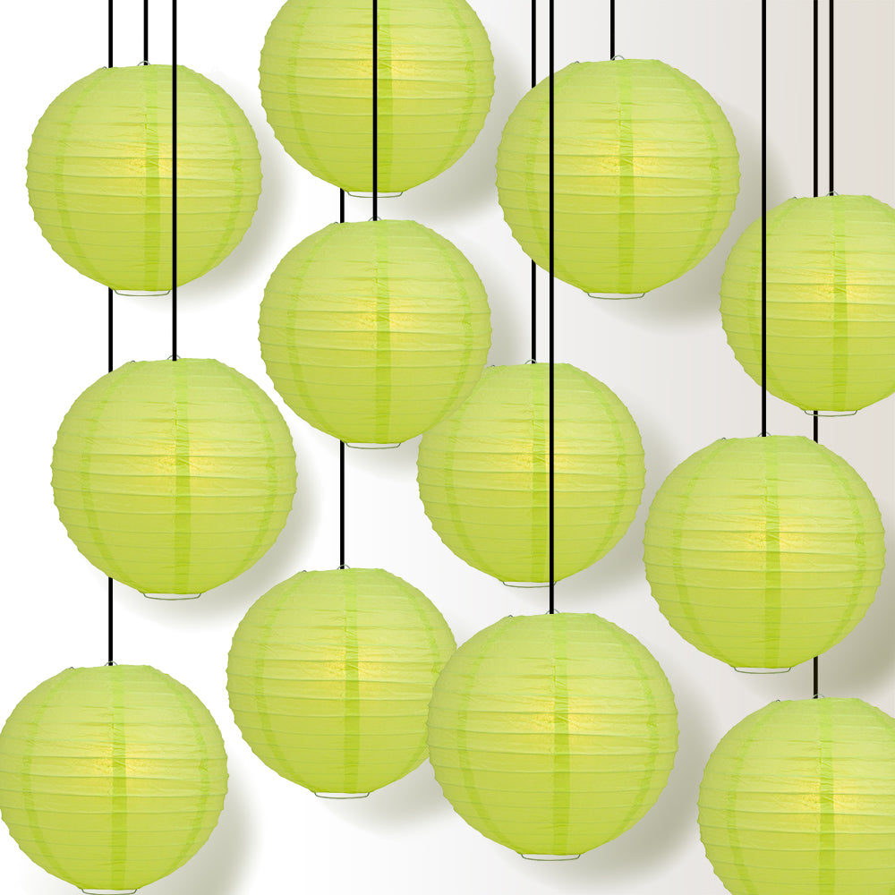 12 PACK | 12&quot; Light Lime Even Ribbing Round Paper Lantern, Hanging Combo Set - PaperLanternStore.com - Paper Lanterns, Decor, Party Lights &amp; More
