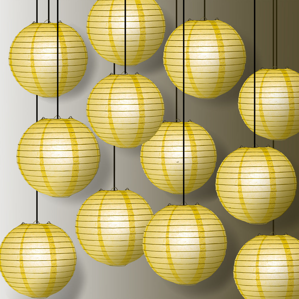 12 PACK | 12" Lemon Yellow Even Ribbing Round Paper Lantern, Hanging Combo Set - PaperLanternStore.com - Paper Lanterns, Decor, Party Lights & More
