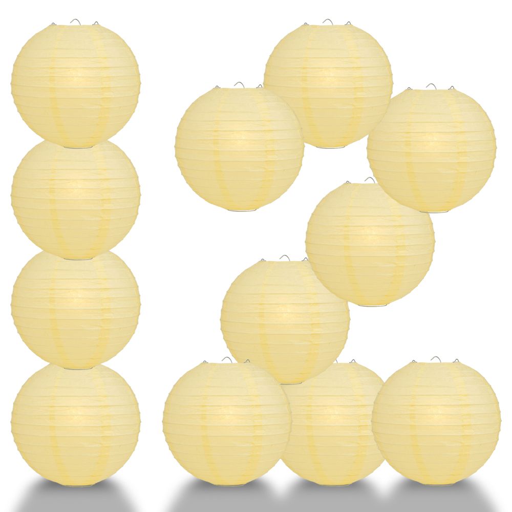 12 PACK | 12" Lemon Yellow Even Ribbing Round Paper Lantern, Hanging Combo Set - PaperLanternStore.com - Paper Lanterns, Decor, Party Lights & More