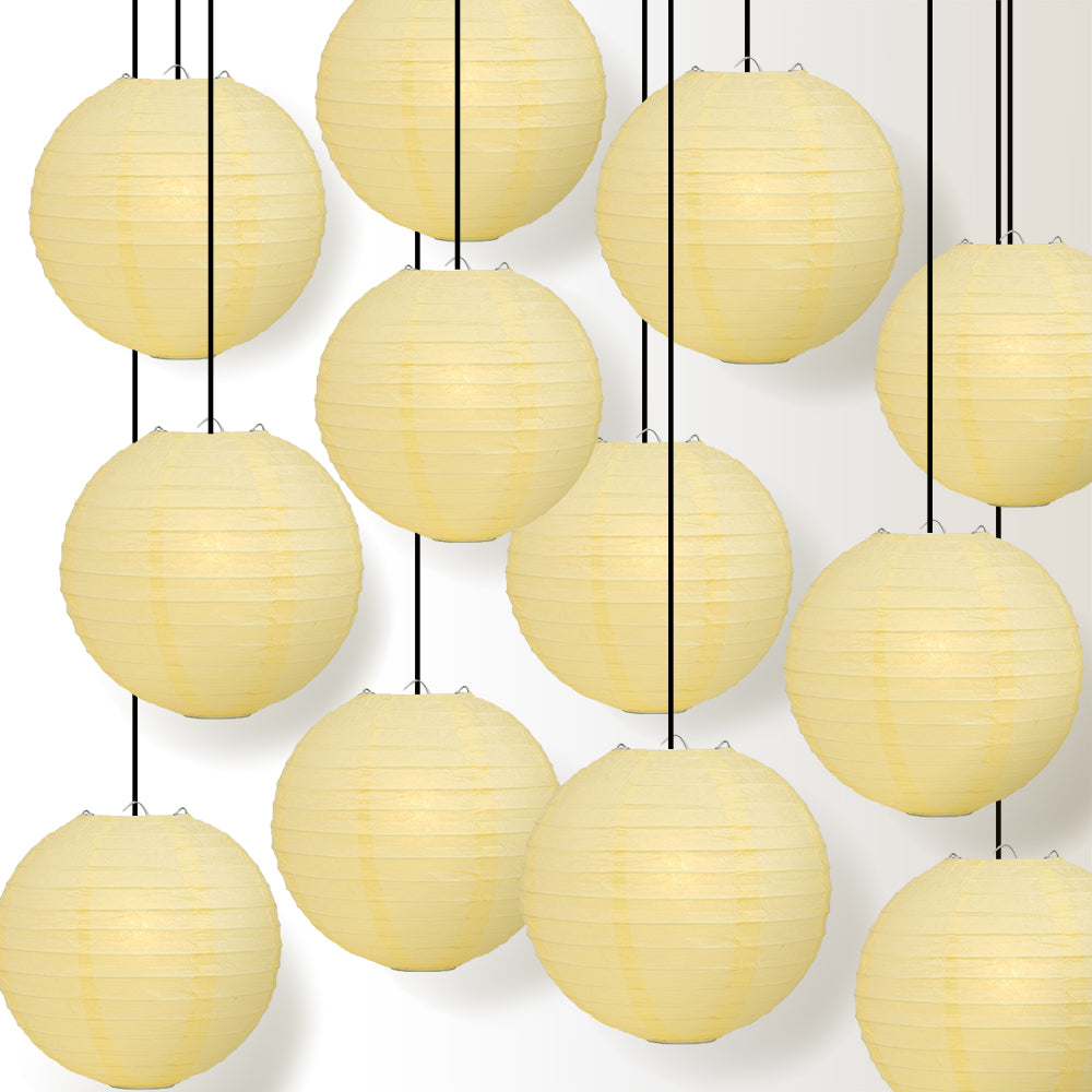 12 PACK | 12&quot; Lemon Yellow Even Ribbing Round Paper Lantern, Hanging Combo Set - PaperLanternStore.com - Paper Lanterns, Decor, Party Lights &amp; More