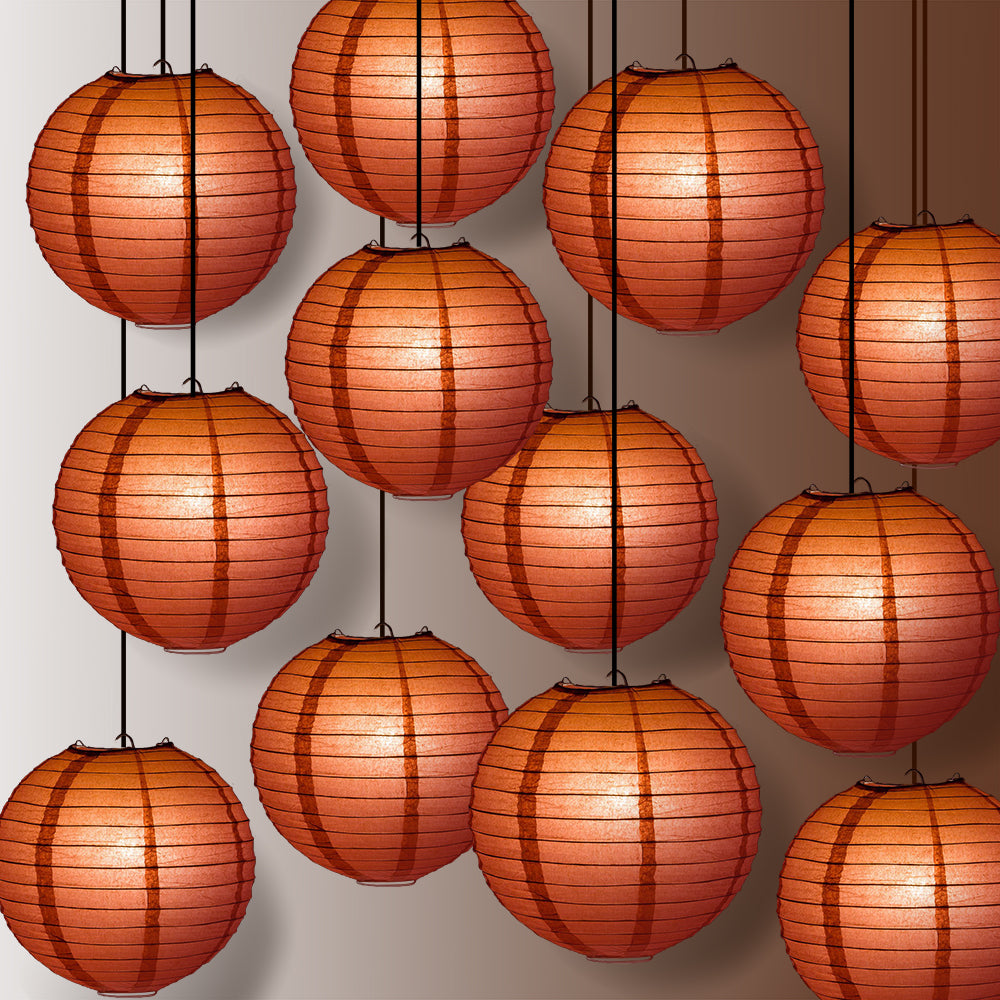 12 PACK | 12&quot; Marasala / Burgundy Wine Even Ribbing Round Paper Lantern, Hanging Combo Set - PaperLanternStore.com - Paper Lanterns, Decor, Party Lights &amp; More
