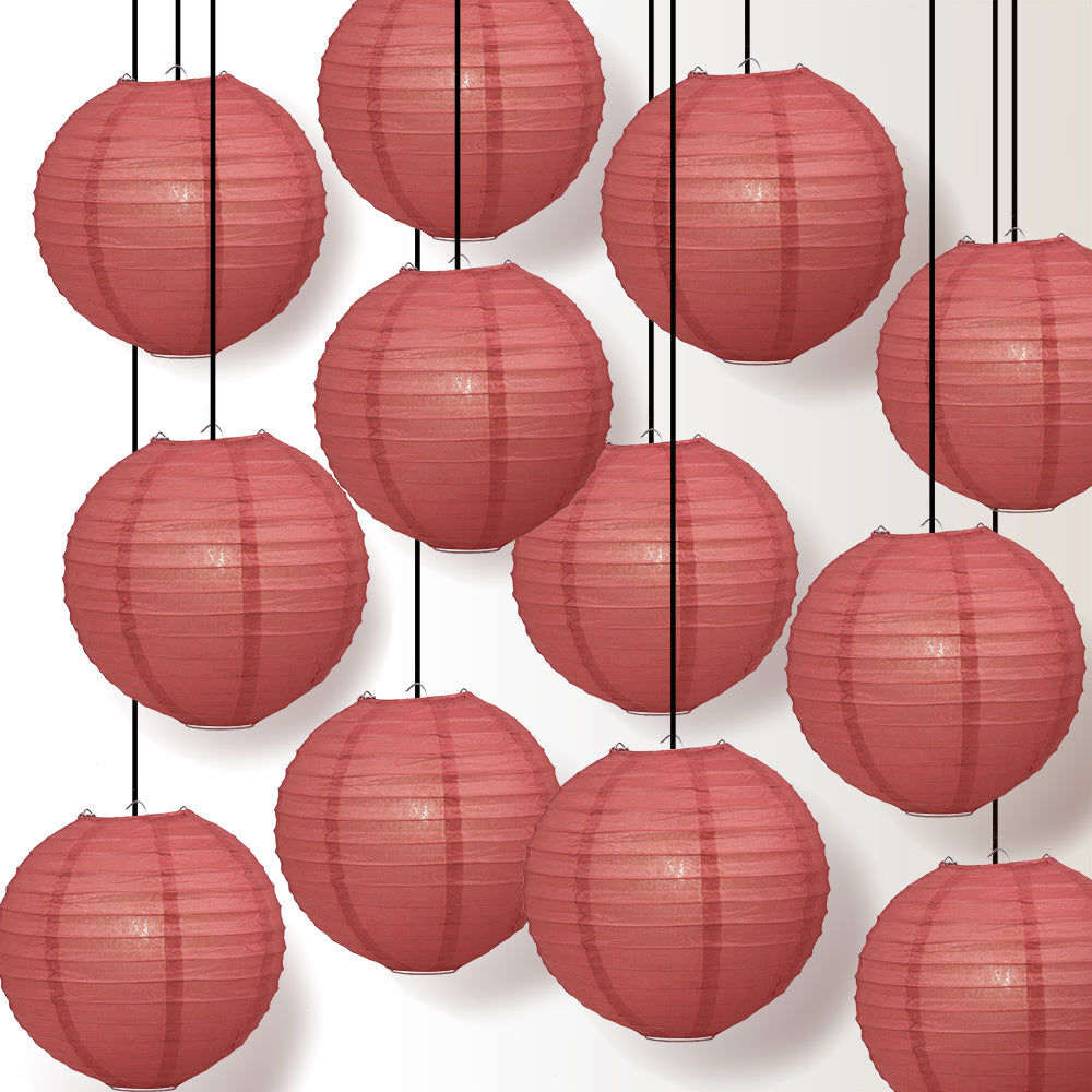 12 PACK | 12&quot; Marasala / Burgundy Wine Even Ribbing Round Paper Lantern, Hanging Combo Set - PaperLanternStore.com - Paper Lanterns, Decor, Party Lights &amp; More