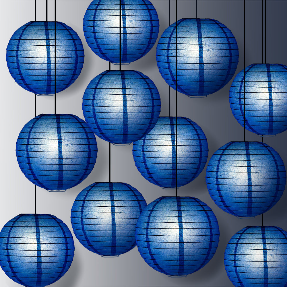 12 PACK | 12&quot; Dark Blue Even Ribbing Round Paper Lantern, Hanging Combo Set - PaperLanternStore.com - Paper Lanterns, Decor, Party Lights &amp; More