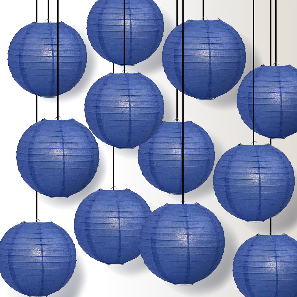 12 PACK | 12&quot; Dark Blue Even Ribbing Round Paper Lantern, Hanging Combo Set - PaperLanternStore.com - Paper Lanterns, Decor, Party Lights &amp; More