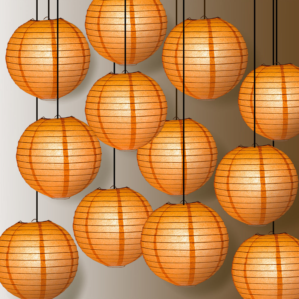 12 PACK | 12" Peach / Orange Coral Even Ribbing Round Paper Lantern, Hanging Combo Set - PaperLanternStore.com - Paper Lanterns, Decor, Party Lights & More