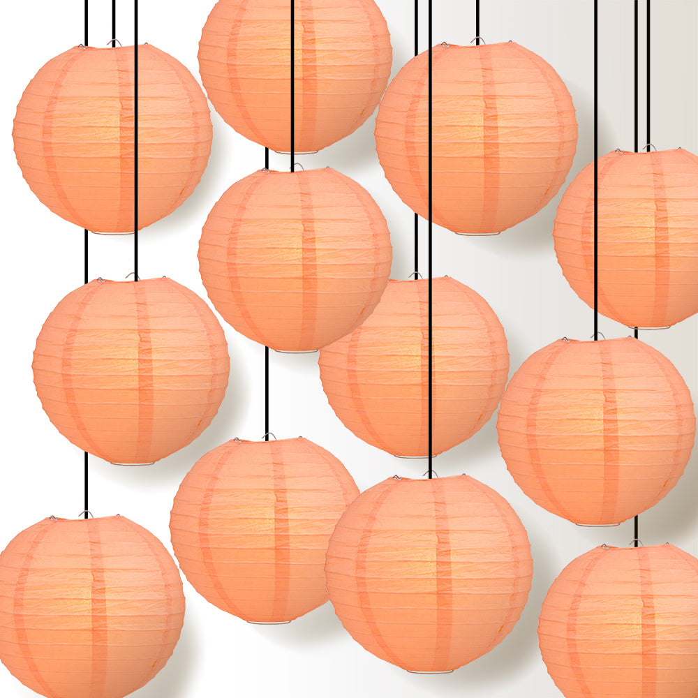 12 PACK | 12&quot; Peach / Orange Coral Even Ribbing Round Paper Lantern, Hanging Combo Set - PaperLanternStore.com - Paper Lanterns, Decor, Party Lights &amp; More