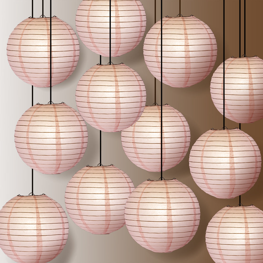 12 PACK | 12&quot; Pink Even Ribbing Round Paper Lantern, Hanging Combo Set - PaperLanternStore.com - Paper Lanterns, Decor, Party Lights &amp; More