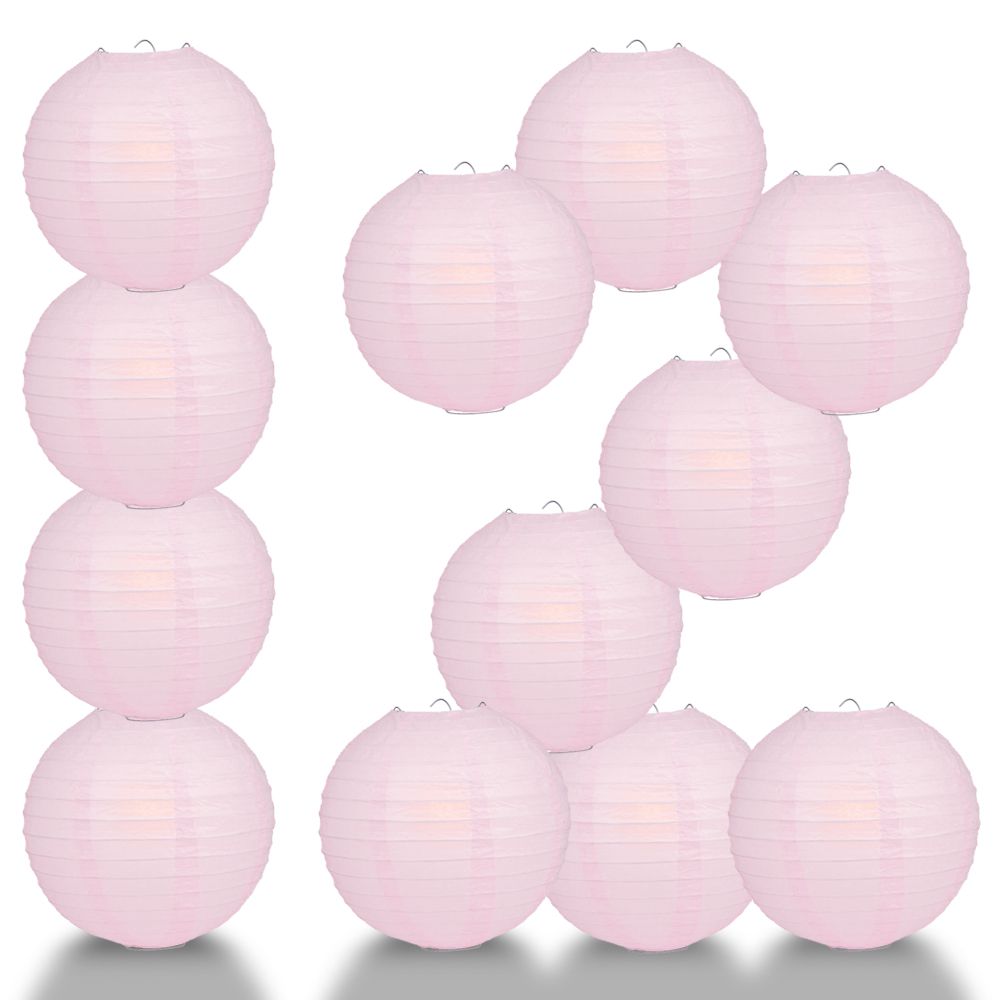 12 PACK | 12&quot; Pink Even Ribbing Round Paper Lantern, Hanging Combo Set - PaperLanternStore.com - Paper Lanterns, Decor, Party Lights &amp; More
