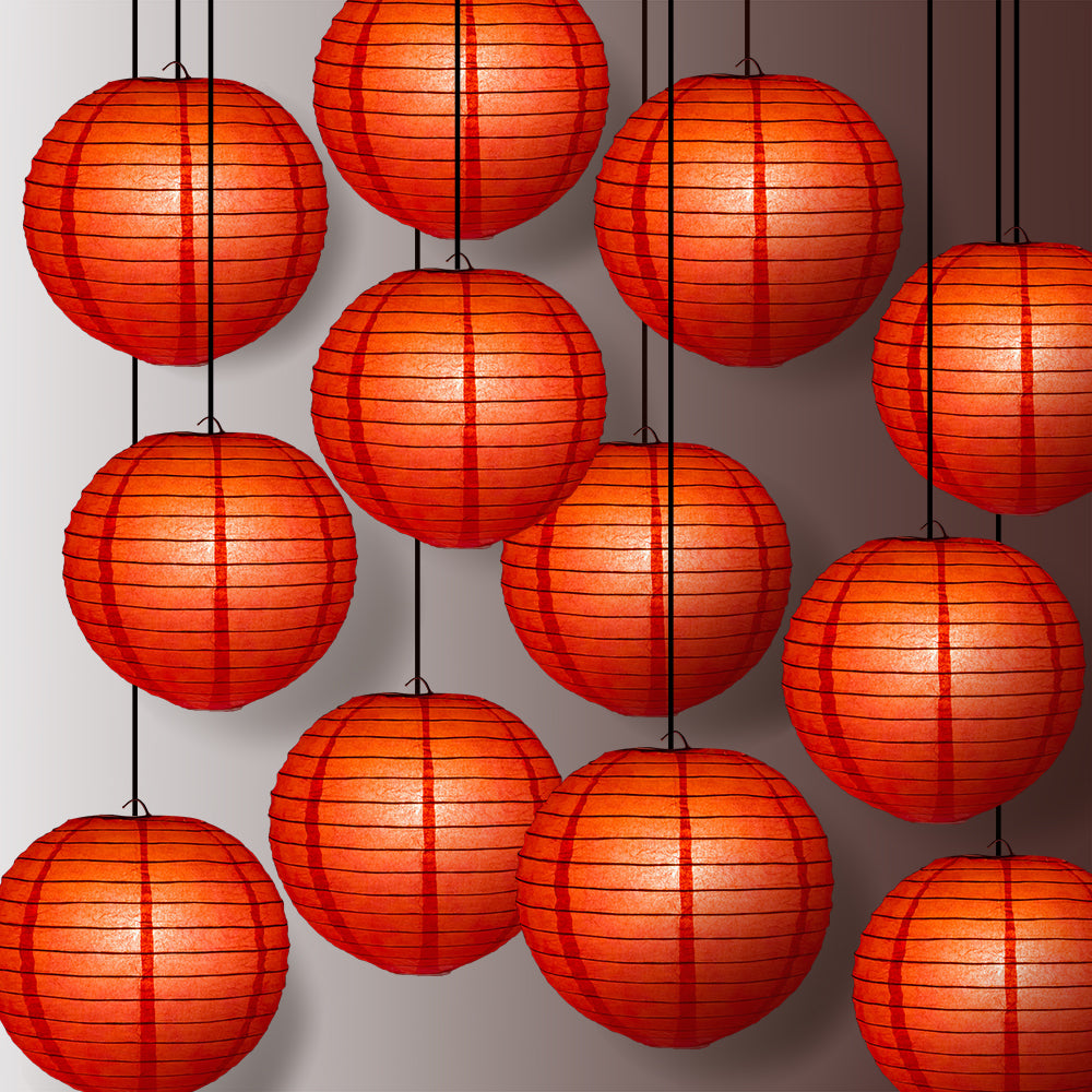12 PACK | 12" Red Even Ribbing Round Paper Lantern, Hanging Combo Set - PaperLanternStore.com - Paper Lanterns, Decor, Party Lights & More
