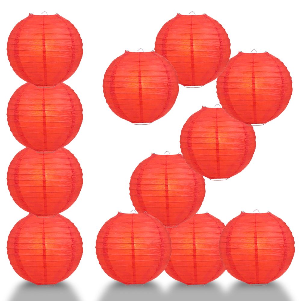12 PACK | 12" Red Even Ribbing Round Paper Lantern, Hanging Combo Set - PaperLanternStore.com - Paper Lanterns, Decor, Party Lights & More