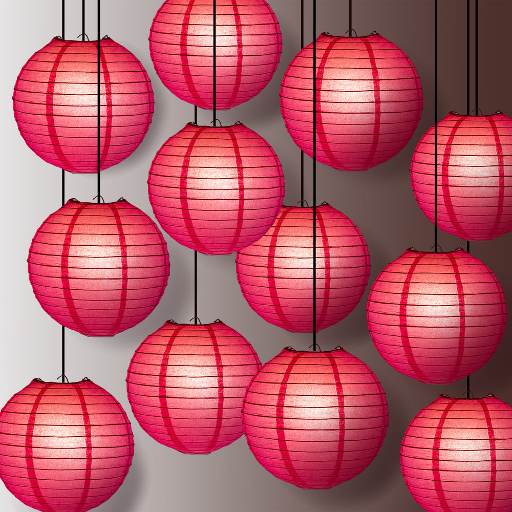 12 PACK | 12&quot; Fuchsia / Hot Pink Even Ribbing Round Paper Lantern, Hanging Combo Set - PaperLanternStore.com - Paper Lanterns, Decor, Party Lights &amp; More