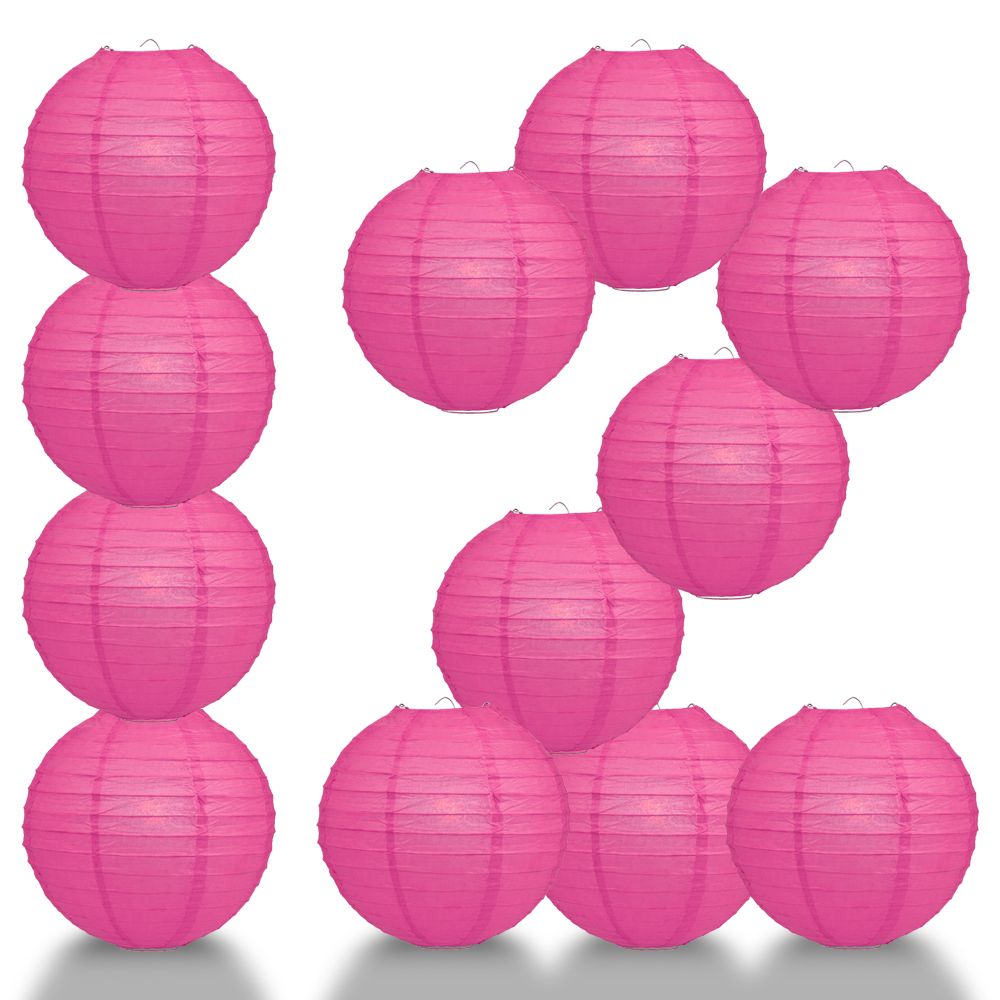 12 PACK | 12&quot; Fuchsia / Hot Pink Even Ribbing Round Paper Lantern, Hanging Combo Set - PaperLanternStore.com - Paper Lanterns, Decor, Party Lights &amp; More
