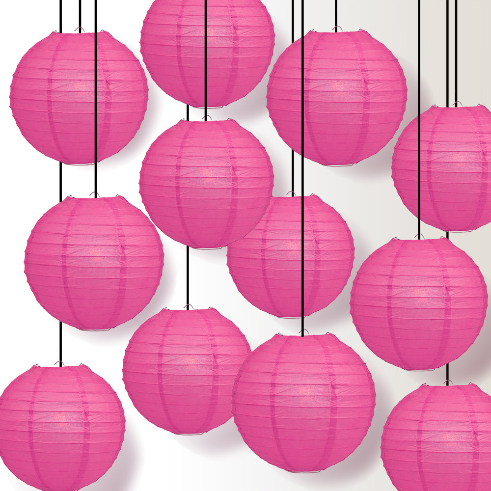 12 PACK | 12&quot; Fuchsia / Hot Pink Even Ribbing Round Paper Lantern, Hanging Combo Set - PaperLanternStore.com - Paper Lanterns, Decor, Party Lights &amp; More