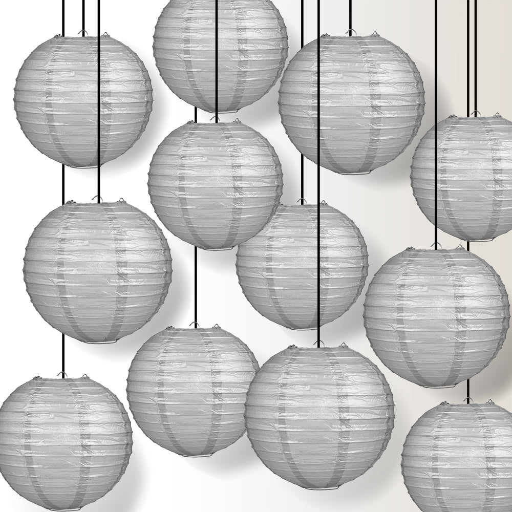 12 PACK | 12" Silver Even Ribbing Round Paper Lantern, Hanging Combo Set - PaperLanternStore.com - Paper Lanterns, Decor, Party Lights & More