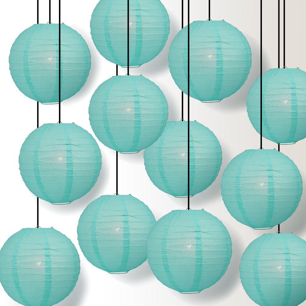 12 PACK | 12&quot; Water Blue Even Ribbing Round Paper Lantern, Hanging Combo Set - PaperLanternStore.com - Paper Lanterns, Decor, Party Lights &amp; More