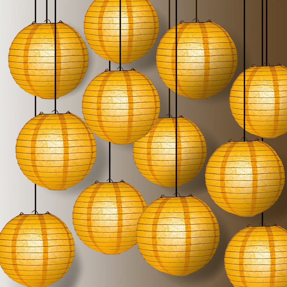 12 PACK | 12&quot; Papaya Even Ribbing Round Paper Lantern, Hanging Combo Set - PaperLanternStore.com - Paper Lanterns, Decor, Party Lights &amp; More